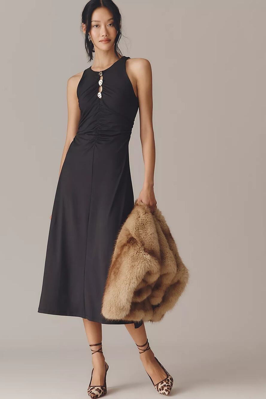 New By Anthropologie Sleeveless Hardware Ruched Midi Dress $158 LARGE Black